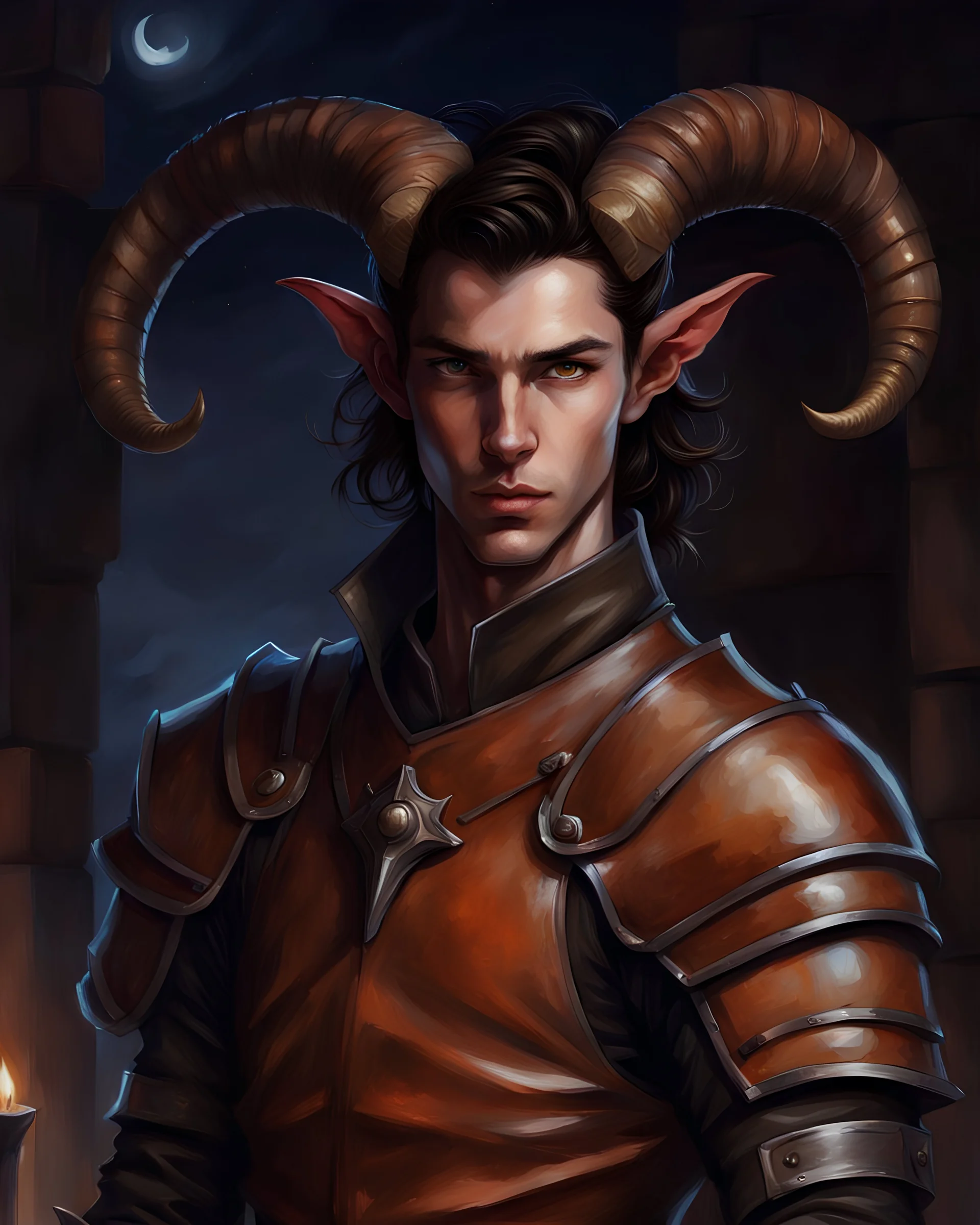 tiefling male, dark hair side parted, 18 year old, wearing detailed slick brown leather armor, slim figure, tail, side view, goat horn at the head, looking at camera, realism, painting, night