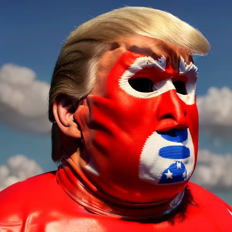 Realistic image of Donald trump wrestler, Mexican wrestling style, Mexican wrestling eyes mask, red and blue breeches, glow confederate flag dress, suspenders, retro style, 80s, vibrant color, highly detailed, sky background, concept art, unreal engine 5, god rays, ray tracing, RTX, lumen lighting, ultra detail, volumetric lighting, 3d, finely drawn, high definition, high resolution.