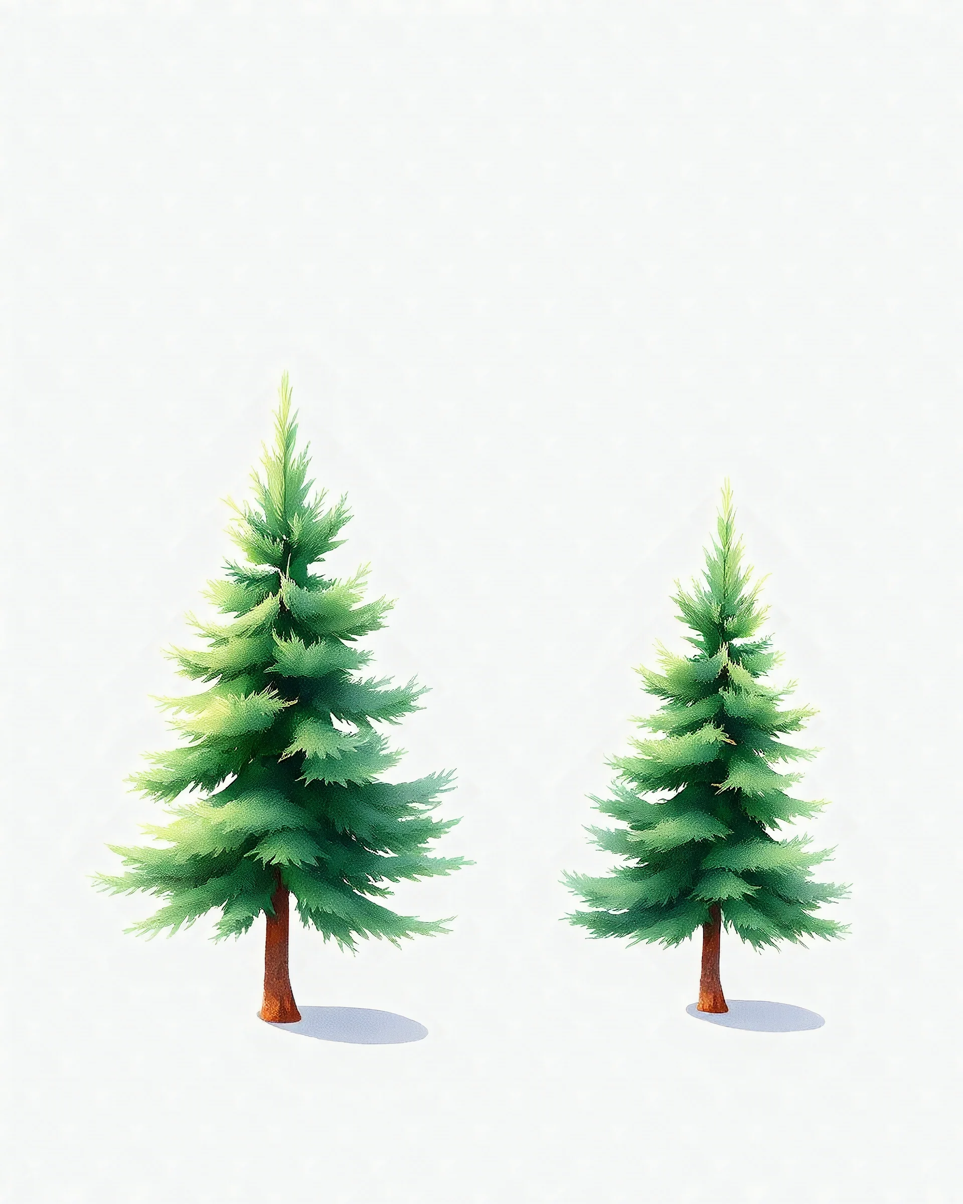 2 isolated spruce/pine trees with ground shadow, stylized graphic with watercolor
