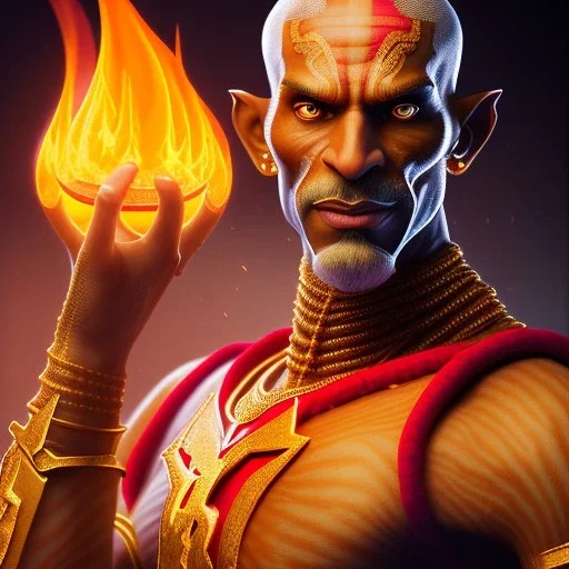 portrait of dhalsim,flame, smoke, fence, yoga artist on a boat in the air, maze background , levitated lab equipment, 4k, Highly Detailed, Masterpiece, perfect eyes, Digital Illustration, Cinematic Lighting, Realistic, Sharp Focus, Centered, Beautifully Lit, Bioluminescent by Stanley Artgerm Lau