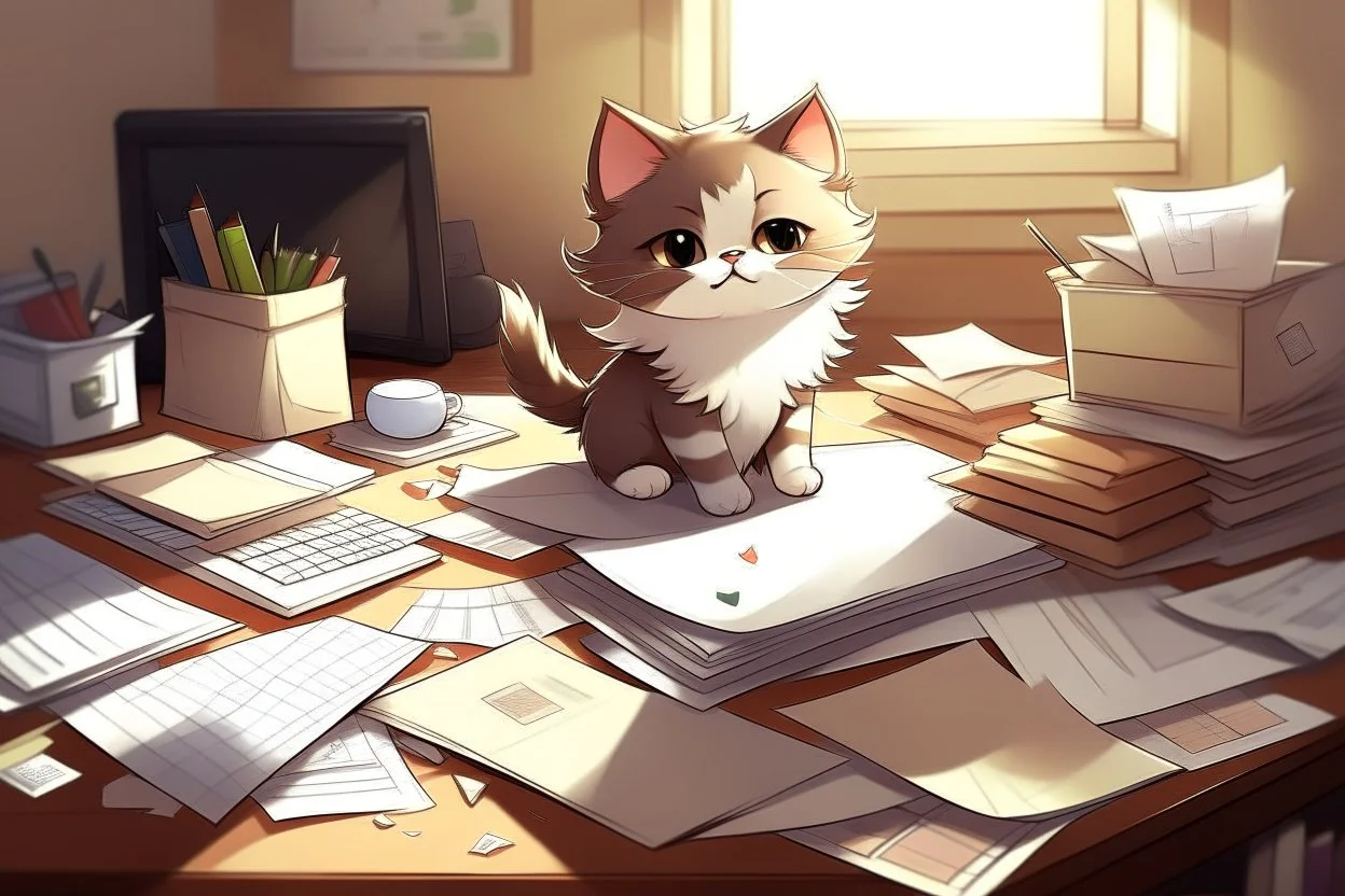 Cute fluffy chibi pixar brunette kitten working very hard at a desk, surrounded by lots of paper, computers and paper boxes, in the sunlight.