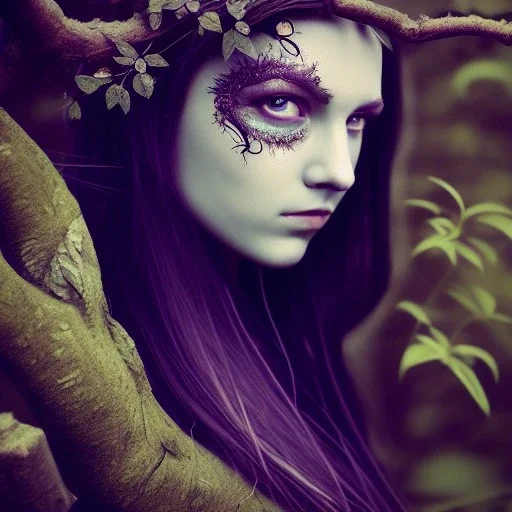 Portrait of beautiful girl, plant, metal, feathers, Dryad, fae, sidhe, ominous, nature, plants, wildflower, facepaint, dnd character portrait, intricate, oil on canvas, masterpiece, expert, insanely detailed, 4k resolution, retroanime style, cute big circular reflective eyes, cinematic smooth, intricate detail , soft smooth lighting, soft pastel colors, painted Renaissance style,bokeh, 800mm lens