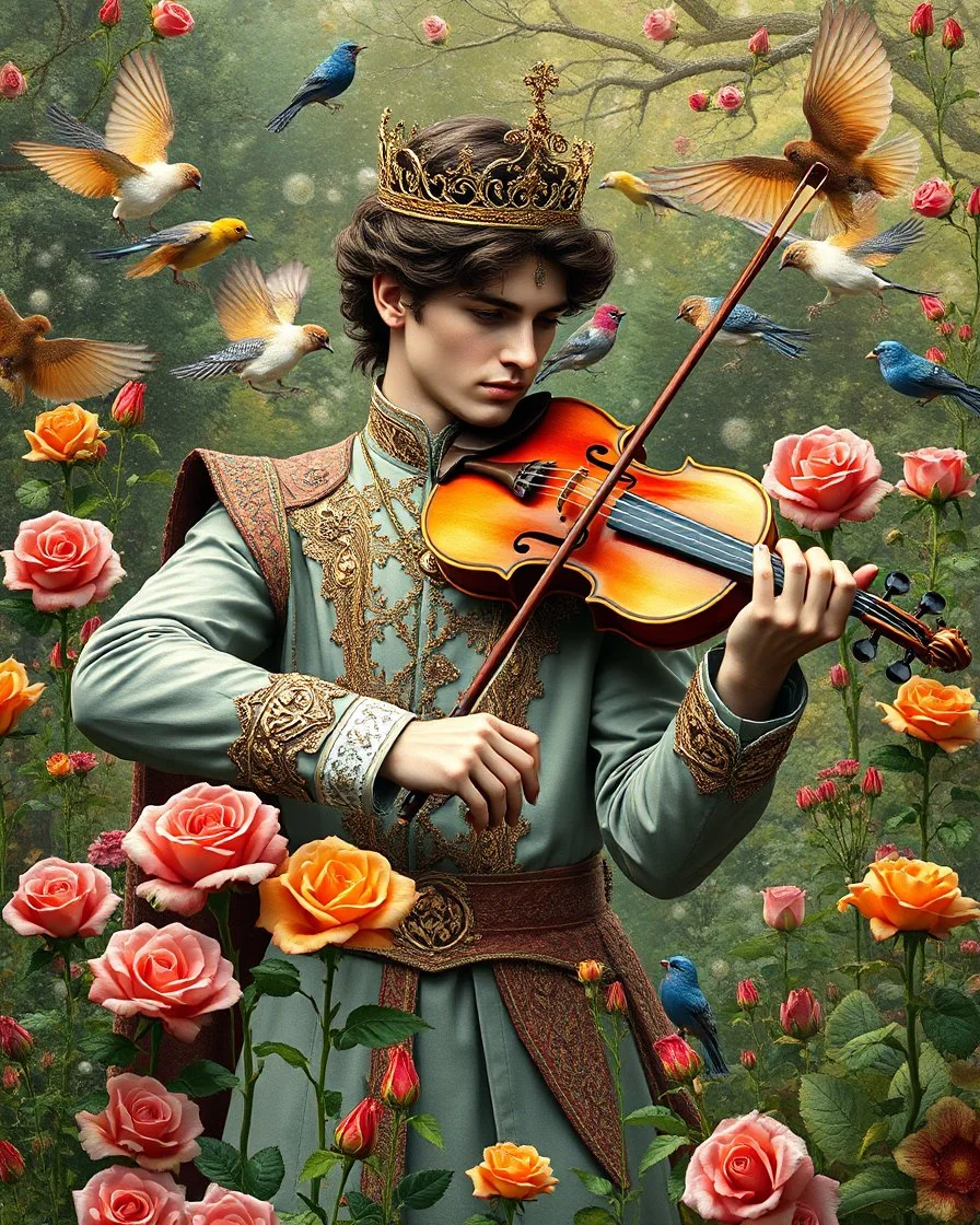 Gorgeous Photography Handsome Prince playing violinist in Wild garden,flower,birds surrounding,fractal ornamentation, over detailed, gloriously full and confusing, nothing that really exists, everything made up, fantasy world, sweet briar, photography graphic art, song birds, ochre rose,rose buds, dewy morning, forest of oaks