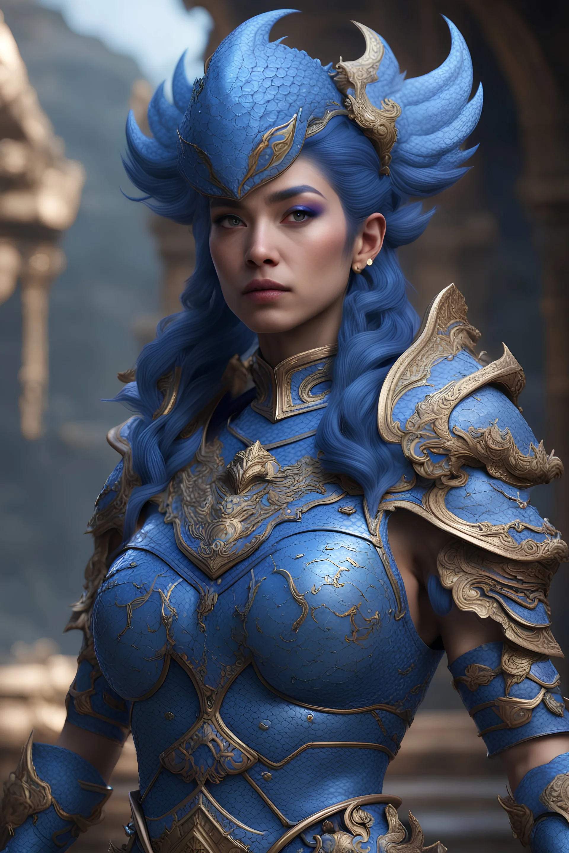 Photoreal bunga citra lestari blue triton ranger woman with blue scaled blue skin in ornate armor, 8k, high detail, smooth render, unreal engine 5, cinema 4d, HDR, dust effect, vivid colors