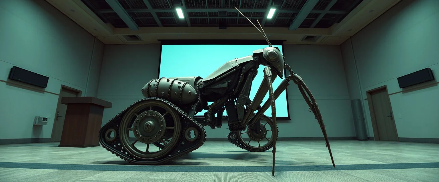 in the style of Escher and Giger and Fallout 4, pinhole cam, airbrush 3d rendering, on tv screen:A five-second cinematic single take in a clean industrial presentation hall. A bizarre mechanically plausible tracked atv machine stands beside a presentation podium, designed to look like a giant mechanical praying mantis. Two large bicycle wheels form its main body and four thin articulated mechanical legs support it. Two long folded mechanical front arms resemble mantis forelegs, huge head and arm