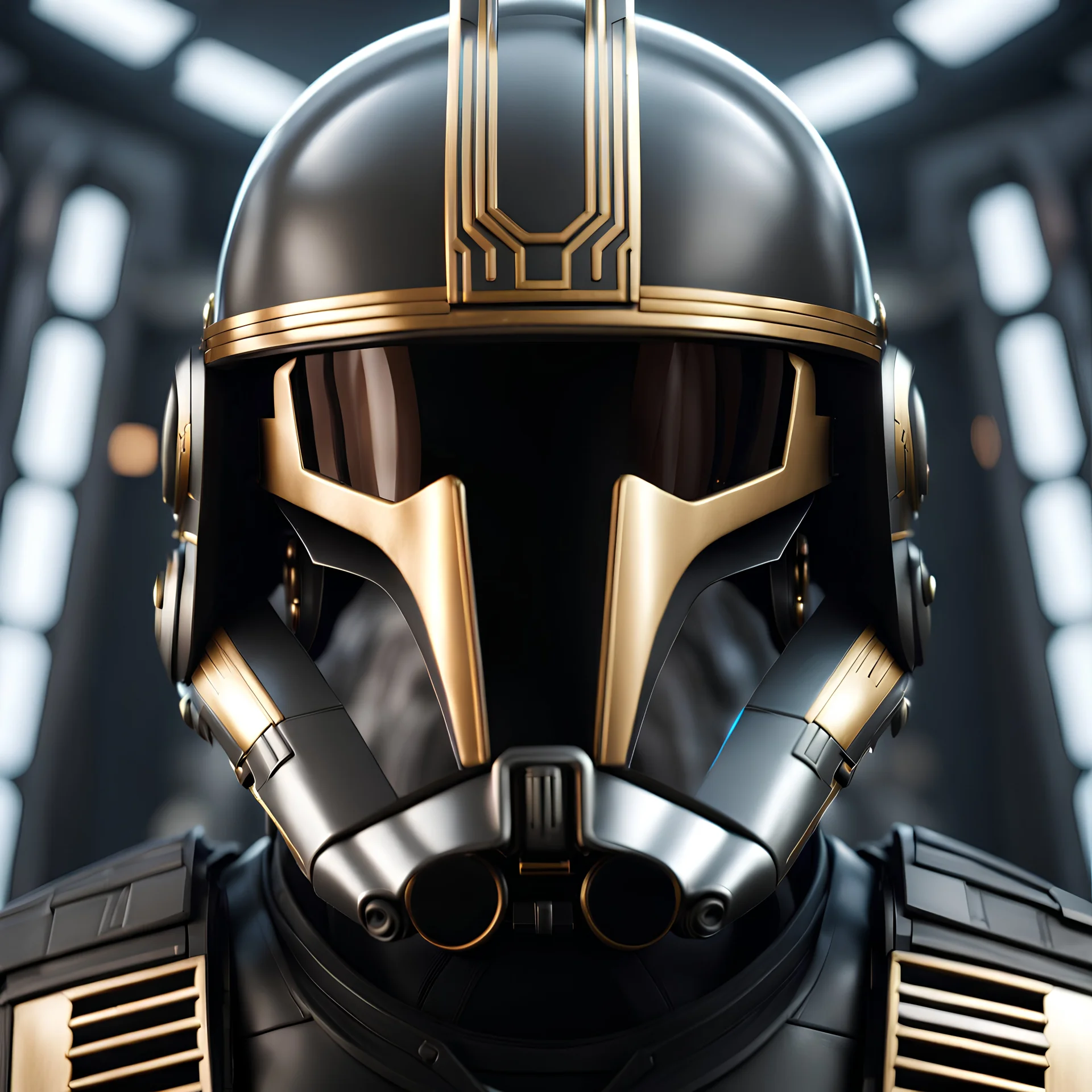 star wars bald male corellian pilot wearing dark gunmetal grey and black First Order special forces TIE pilot armored flightsuit and helmet with gold trim inside the jedi temple, centered head and shoulders portrait, hyperdetailed, dynamic lighting, hyperdetailed background, 8k resolution, volumetric lighting, light skin, fully symmetric details