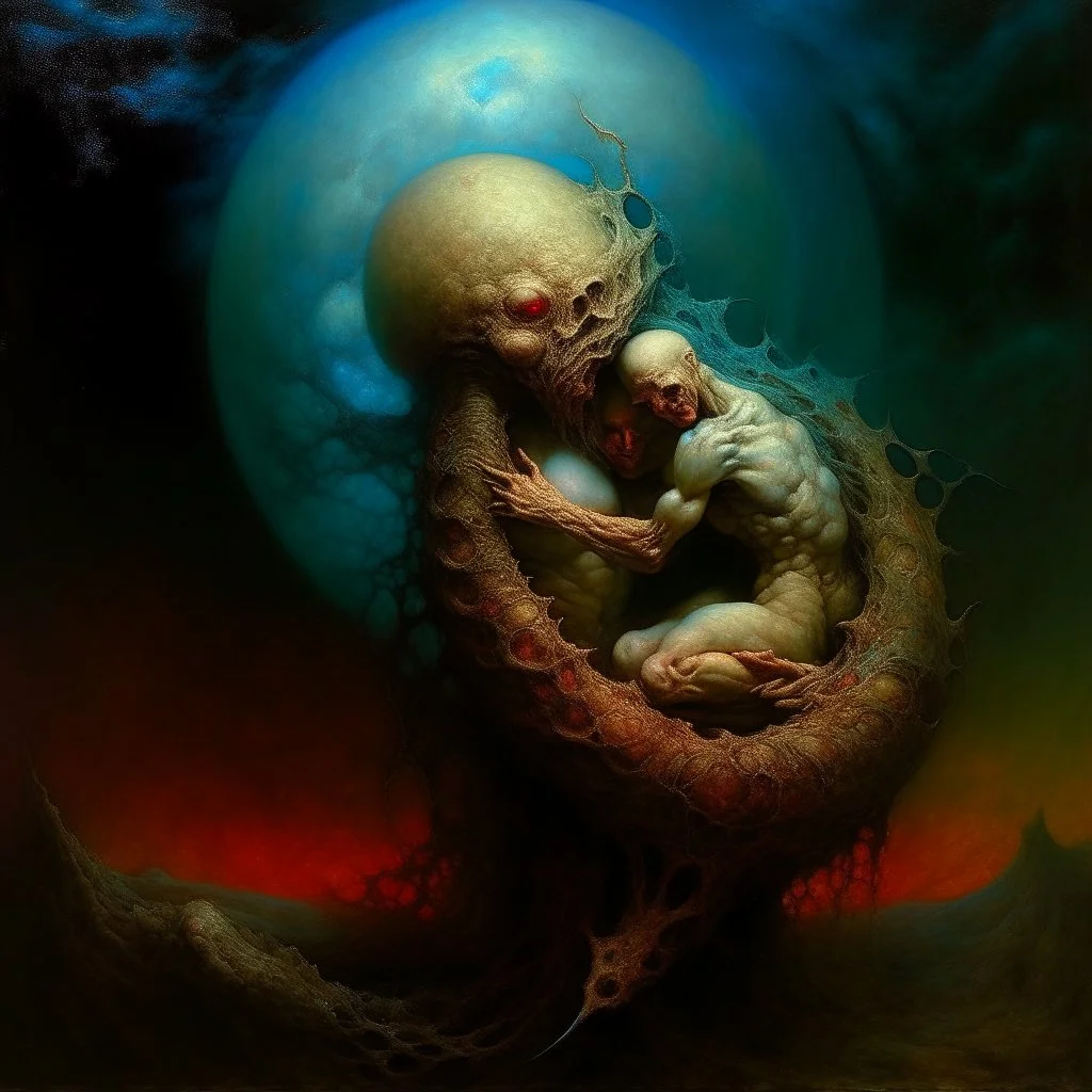 Visual Necromancy, zombie Madonna cradling an anthropomorphic worm on the moon, surrealist oil painting, by Zdzislaw Beksinski, putrescence essence, abstract