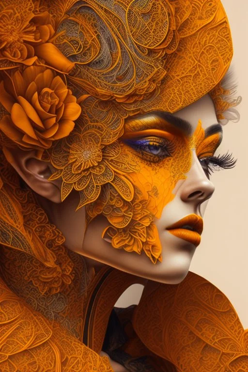 female, orange and yellow tones, insanely detailed and intricate, hypermaximalist, elegant, ornate, hyper realistic, super detailed, by Pyke Koch