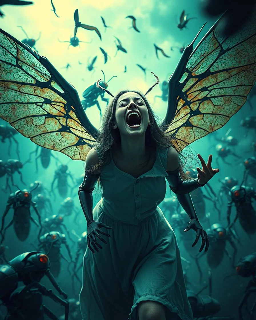 horror, swarming mechanical robotic insects, screaming woman, broken wings