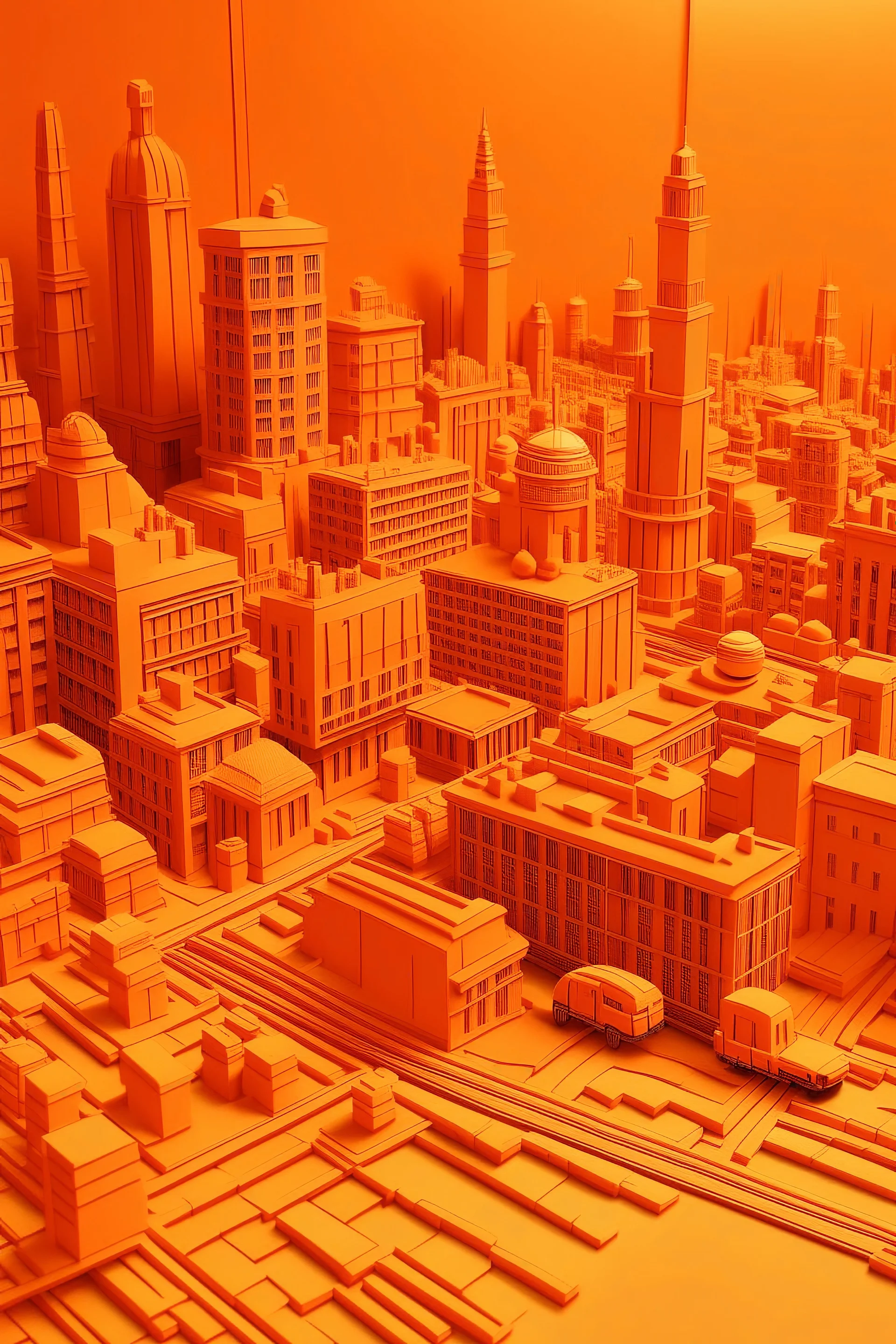 An orange colored city with a construction zone painted by Zosan