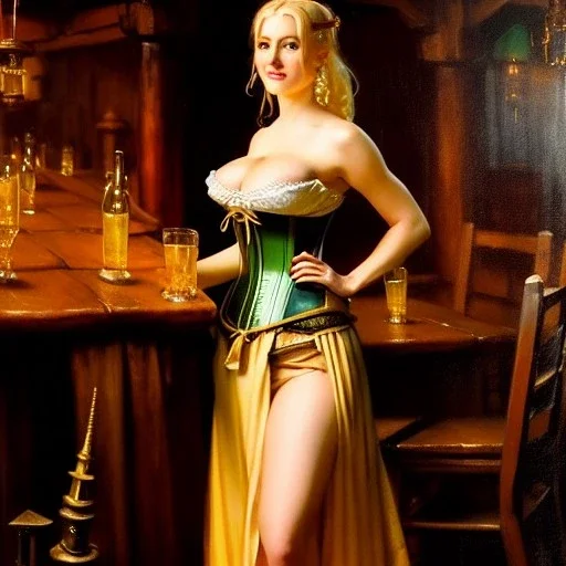 fullbody portrait 'beautiful face blonde massiveboobs medieval wench on tavern in medieval city',corset,painting by gaston bussiere, greg rutkowski, yoji shinkawa, yoshitaka amano, tsutomu nihei, donato giancola, tim hildebrandt, oil on canvas, cinematic composition,sharp image, extreme detail,((fit full head inside picture)),32k