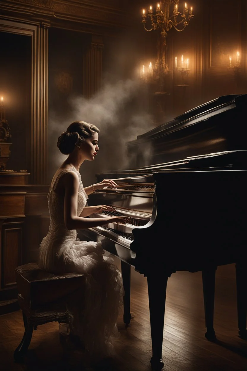 A woman playing a piano in a smoky bar from the 1930s, capturing the essence of the era with exquisite detail. The scene is filled with a nostalgic, moody atmosphere. The pianist is elegantly dressed in period-appropriate attire, her fingers gracefully dancing across the keys of a grand piano. The lighting is dim and sultry, casting soft shadows across the room, highlighting the swirls of smoke and the reflective surface of the piano. The bar is adorned with Art Deco elements, with patrons in vi