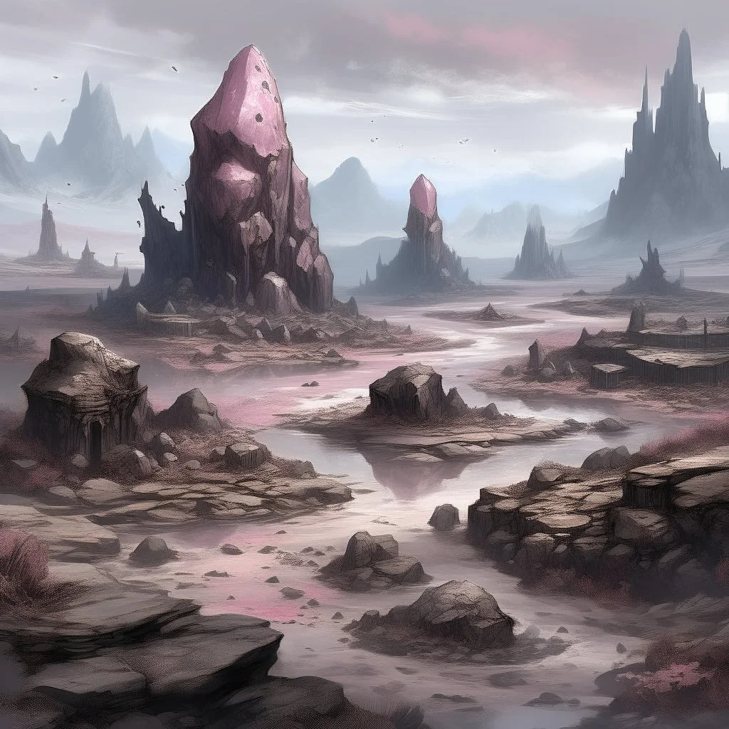 A grayish pink magical wasteland with rune rocks painted by Guo Xi