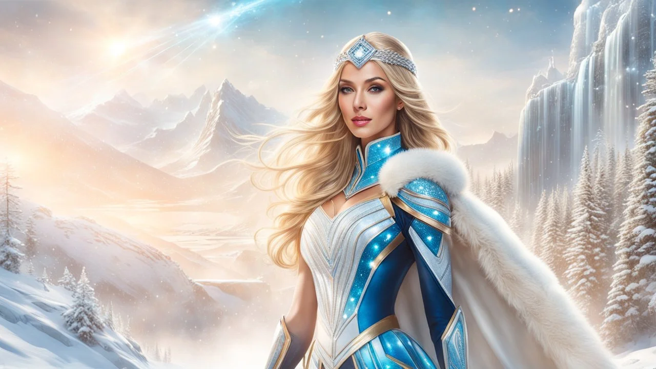 Photo realistic portrait of a gorgeous smiling skinny euro-asian goddess with a golden dark shining skin, long smooth blonde hair, blue eyes, in a sci-fi outfit with luminous strikes blowing a kiss in a snowy hill, a frozen waterfall, a crystal palace, wide mountain persperctive, particles in the air in winter. Intricated details,