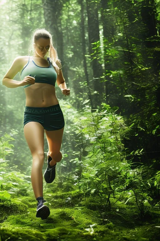 woman in forest, mid shot, running away from, slipped, wet,