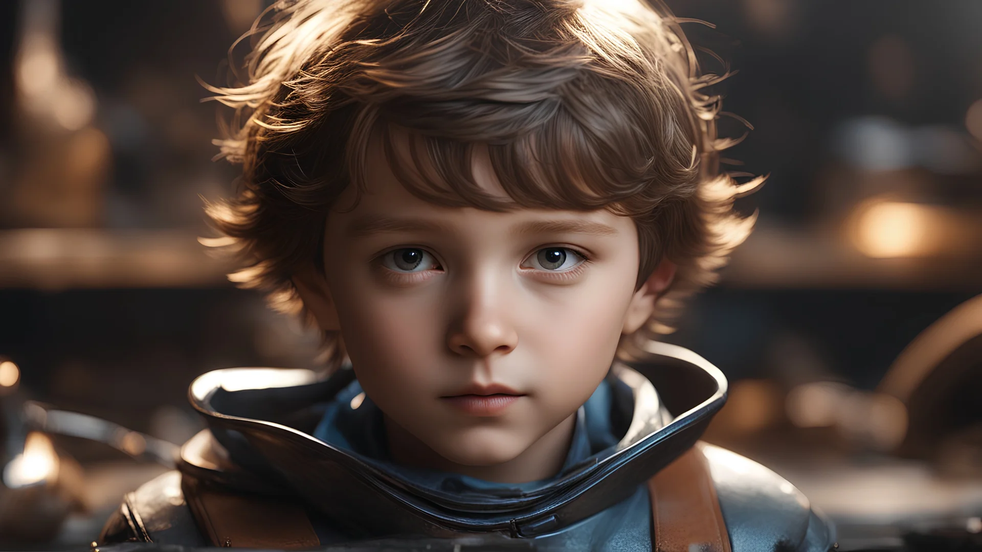 little boy, head and upper body, perfect eyes, welding in workshop, exquisite composition, beautiful detailed intricate insanely detailed octane render trending on artstation, 8k artistic photography, photorealistic concept art, soft natural volumetric cinematic perfect light, chiaroscuro, award-winning photograph, masterpiece, raphael, caravaggio, greg rutkowski, beeple, beksinsk