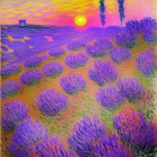 Goats with lavender flowers sunset bright colors by Claude Monet