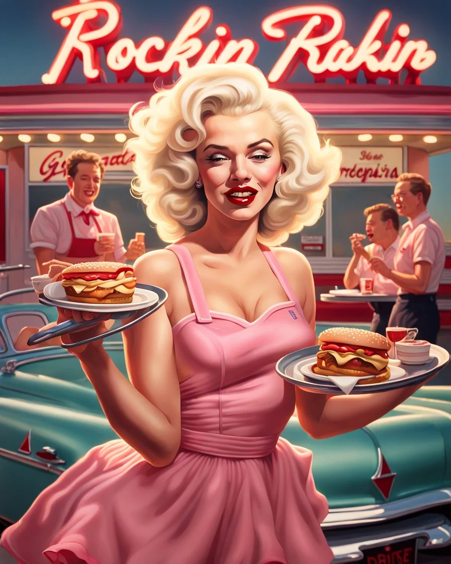 A hyper-realistic digital painting in an ultra-wide 2.39:1 cinematic aspect ratio depicts "Rockin’ Bites Drive-In" during golden hour, showcasing Marilyn Monroe as the central figure. She is a radiant blonde with perfect platinum curls and vibrant red lipstick, clad in a crisp pink waitress uniform and a frilly apron, gracefully balancing a tray loaded with classic burgers and creamy milkshakes. Elvis Presley, in a pristine diner cook outfit, stands confidently behind the grill, flipping burgers