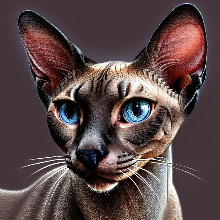 beautiful blue eyed, tall ,long legged, slender, elegant, sophisticated, sphynx-like chocolate point siamese cat expressionism pointillism style