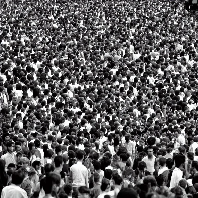 full colour man in black and white crowd,