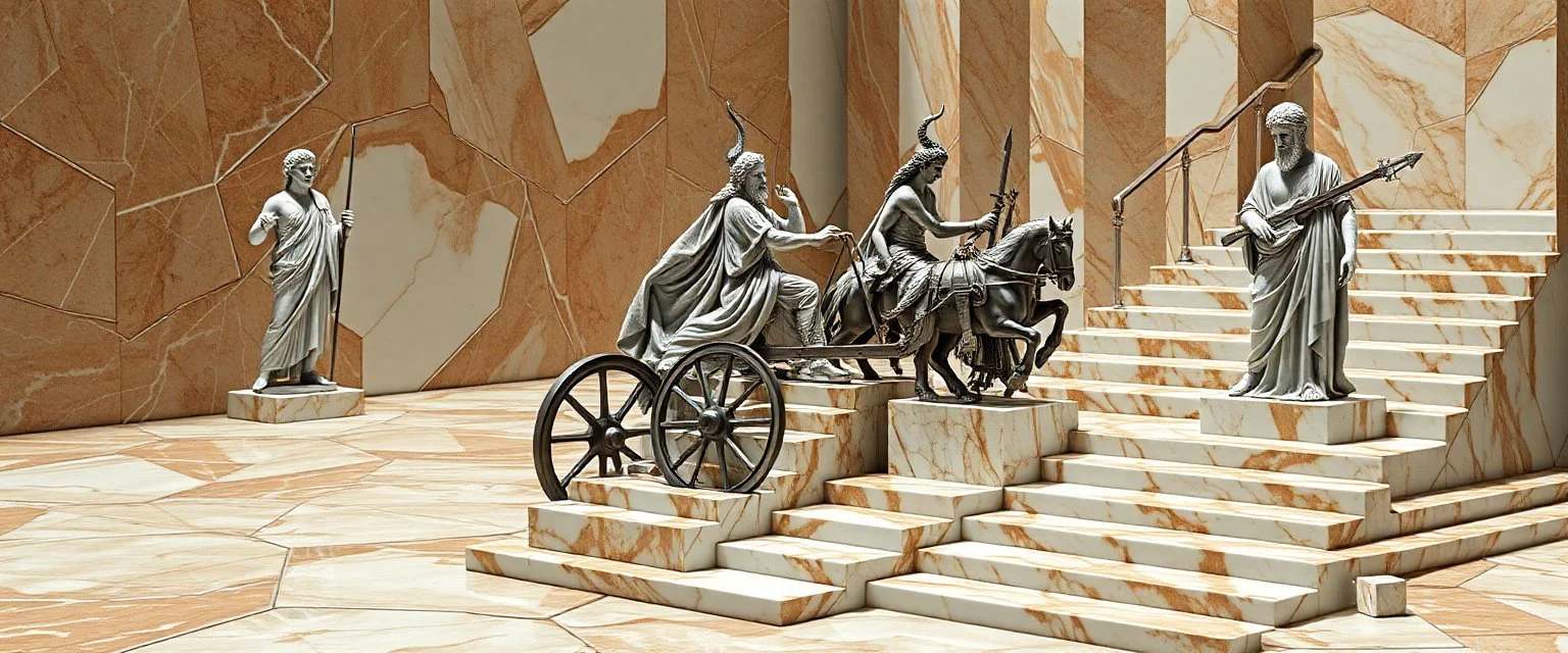 niad, greek gods and heroes, the chariot, the fool and the tower tarot card disaster rendered in magnificient 4d glossy marble stones reflective and wet, like mirrors, winding stairs, watchers, statues of perfect octahedron dice