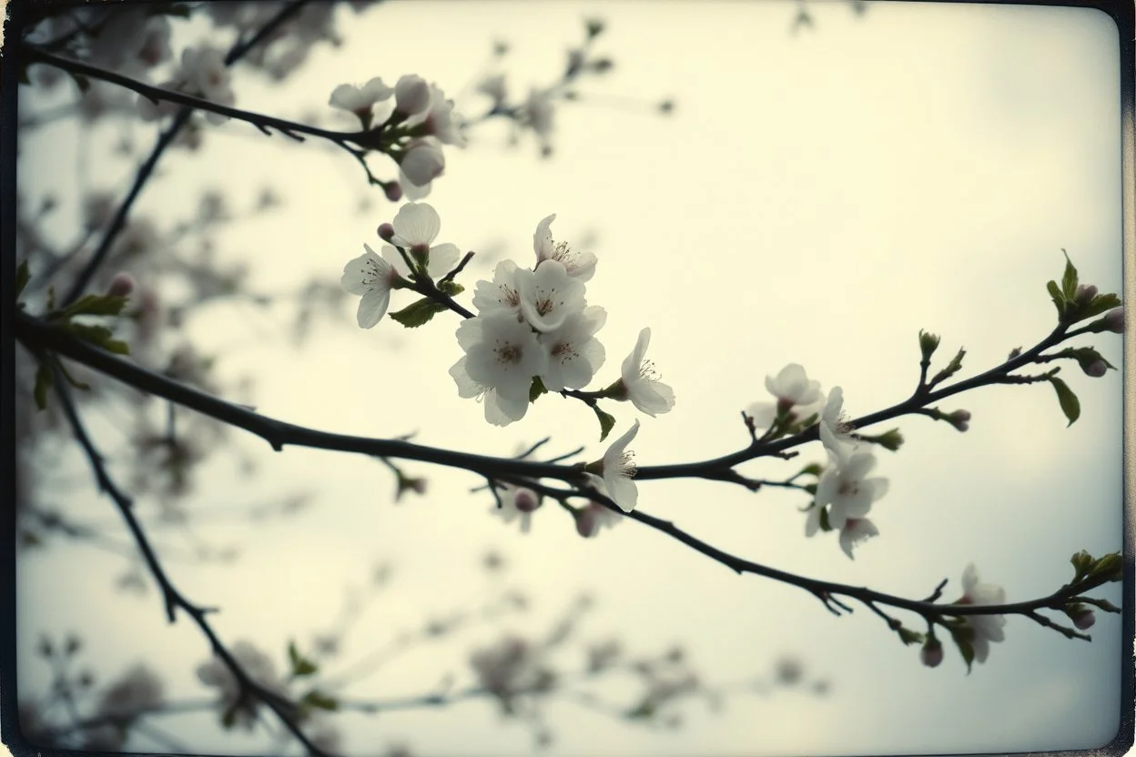 Melancholic, ultra-realistic vintage polaroid photograph of a blossoming branches of an apple tree, soft light of a cloudy sky, atmosphere of quiet sadness and timeless beauty, cinematic, hyper-detailed, emotional and mesmerizing, bloom, lo-fi