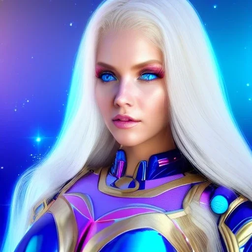 Beautyful woman,galactic , cosmic armor,hair long blond, blue eyes, happy cosmic, bright colors, blue, pink, realistic, photo real, clear sunny background, highly detailed, high contrast, 8k high definition, unreal engine 5, extremely sharp detail, light effect, sunny light background