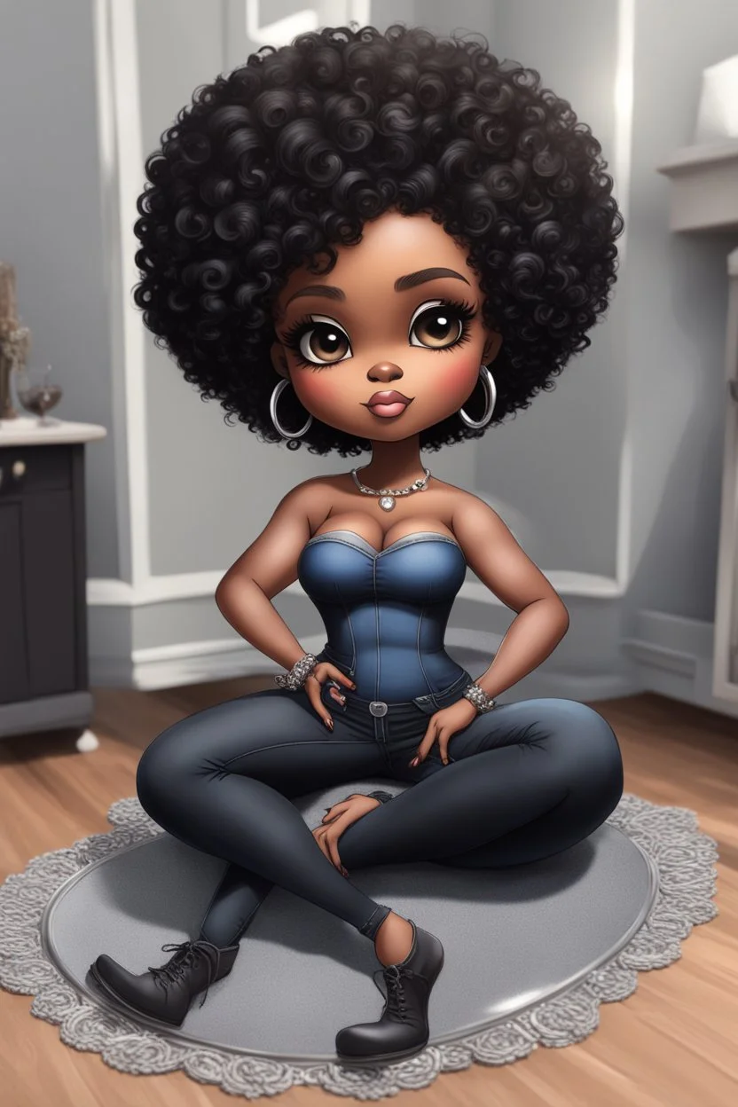 Create a furturism magna art of a black chibi curvy female sitting on the floor looking at herself in a hand mirror. She is wearing tight blue jeans and a black off the shoulder blouse. Prominent make up with lush lashes. Highly detailed tight curly afro. She is also wearing silver large hoop earringsart of a black chibi curvy female sitting on the floor looking at her cell phone. She is wearing tight blue jeans and a black off the shoulder blouse. Prominent make up with lush lashes.