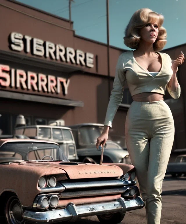 Ultra Realistic retro sci-fi movie Supermarket parking scene, 1960 year, waist up view portrait, a super giant blonde woman, sweet teenager Jane Fonda face, perfect iris, glow eyes, face makeup, tight latex coat, many people, Retro sci-fi style, soft color, highly detailed, unreal engine 5, ray tracing, RTX, lumen lighting, ultra detail, volumetric lighting, 3d, finely drawn, high definition, high resolution.