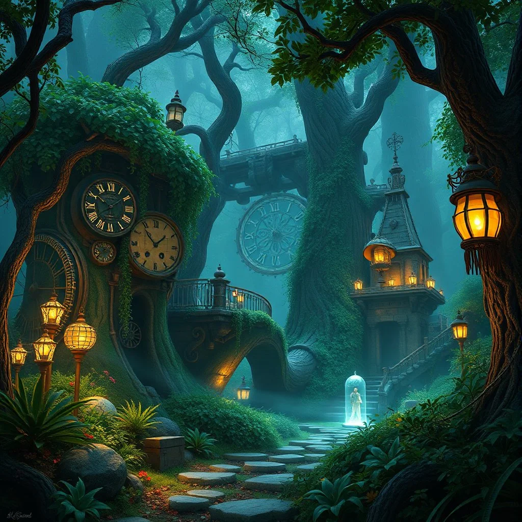 Scene from a modern fantasy movie featuring the "Garden of Practicality", the Clockwork Forest Realm of Ix Chel, Steampunk style.