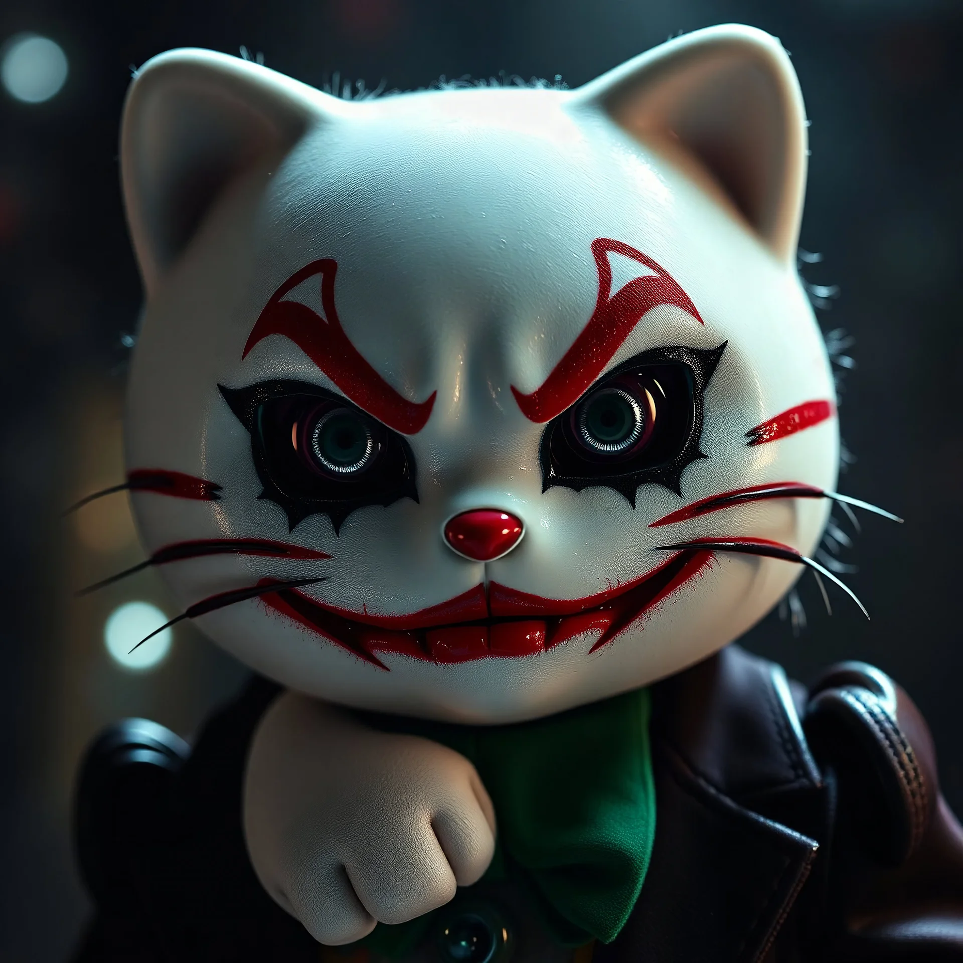 hello kitty with joker's make-up smeared lipstick; menacing gaze; creepy; shiny, shining