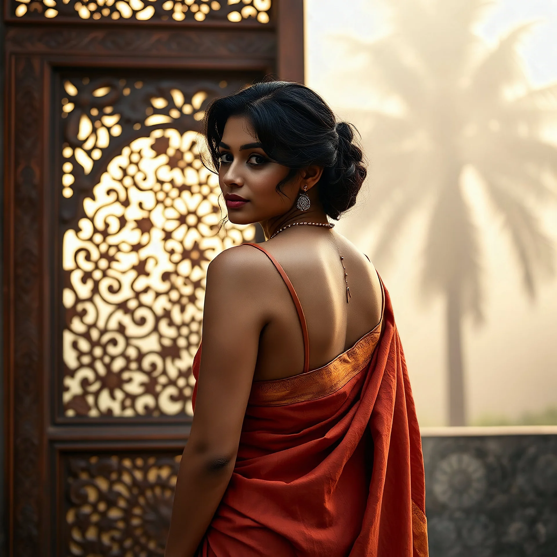 A divine South Asian woman stands in quiet grace, draped in a designer saree of earthy clay tones, evoking the warmth of Bengal soil. Her modern blouse features a deep back cut and minimalist straps, blending tradition with contemporary elegance. Her teary eyes shimmer with emotion, her serene face framed by soft curls and a subtle bindi. Behind her, a carved wooden door with intricate floral and geometric patterns glows in the misty golden light of Diwali. A tall palm tree looms through the fog