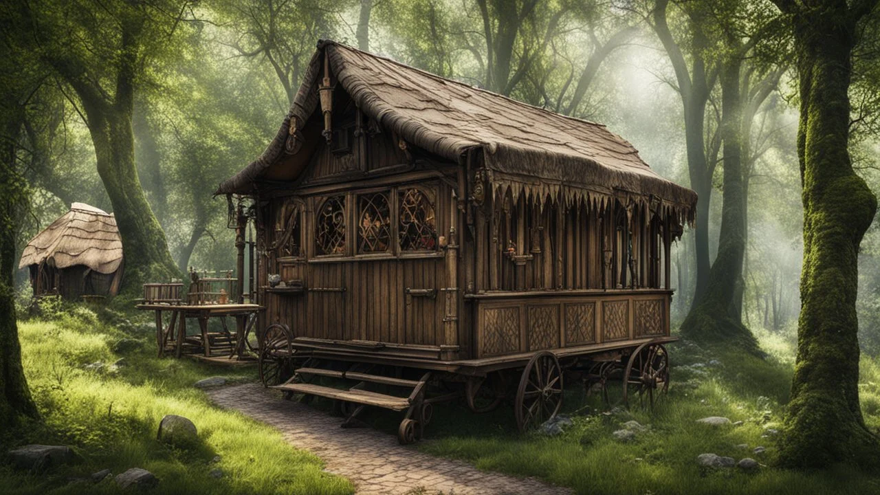 Medieval gothic Two-story, wooden gipsy caravan on a pathway in dense woodland