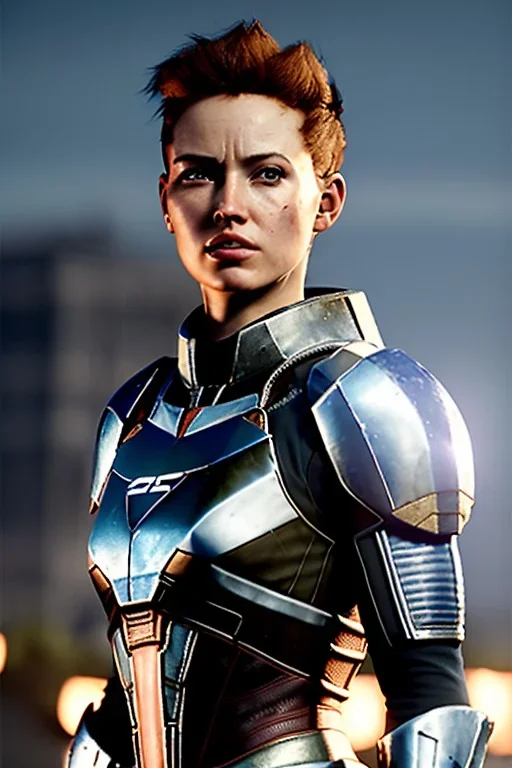 ultrarealistic, ruined city,__mass effect armor__, __angles__, 19 year old woman, strikingly beautiful, ginger hair, silver colour, [__starlets__|__starlets__], (pale __skincolor__ skin:1.2), __camera__, _hair_, detailed face and eyes, medium breasts, leather choker, freckles, dynamic pose, resolved expression, __accessory__, strappy outfit, (straps:1.1), sword in scabard on left hip, (buckles, buttons, snaps, rings:1.0), haltertop style breastplate, detailed eyes, plump lips, sci-fi theme