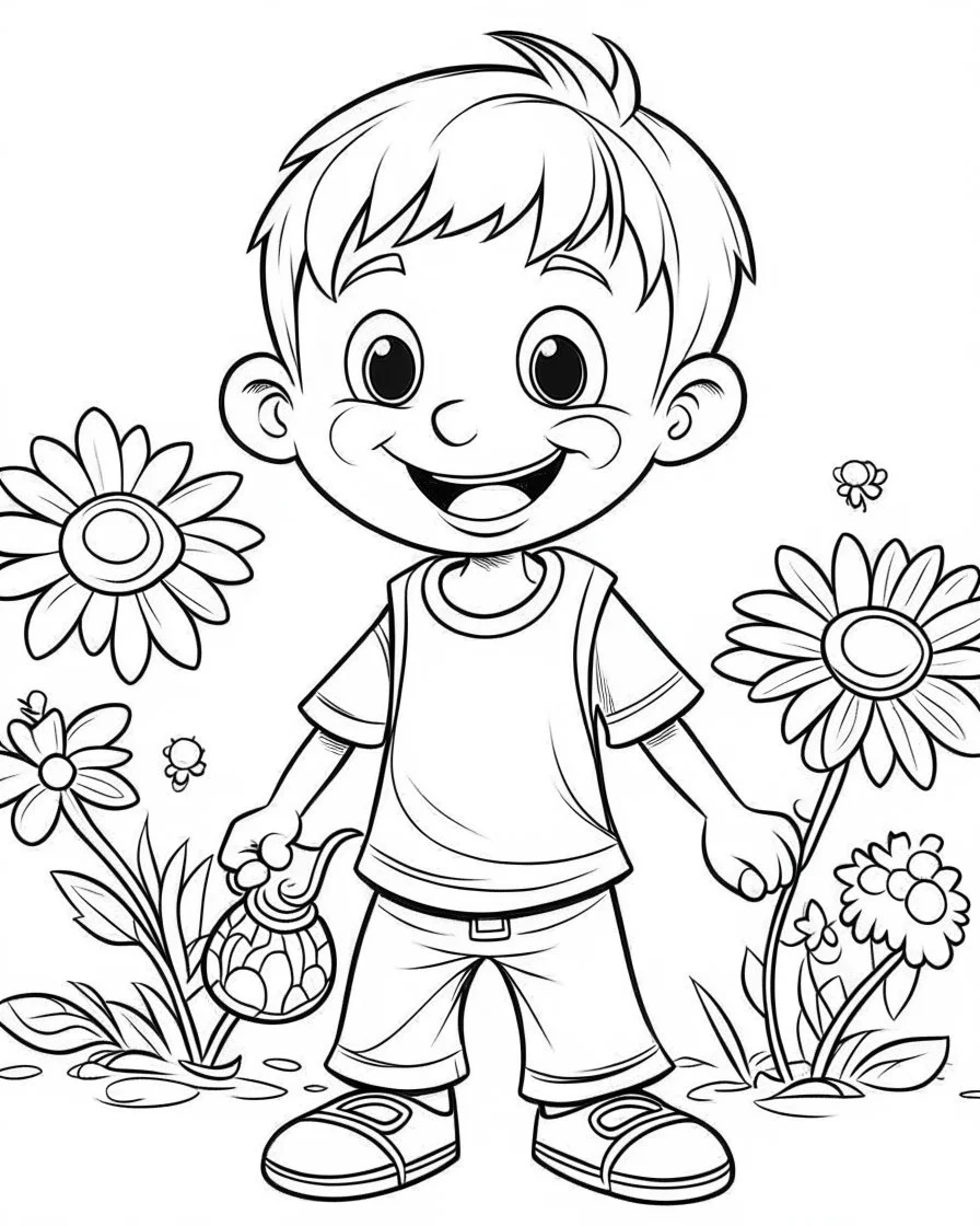 playing boy cartoons coloring pages , no black color, no no flower, b/w outline art for kids coloring book page, Kids coloring pages, full white, kids style, white background, whole body, Sketch style, full body (((((white background))))), only use the outline., cartoon style, line art, coloring book, clean line art, white background, Sketch style