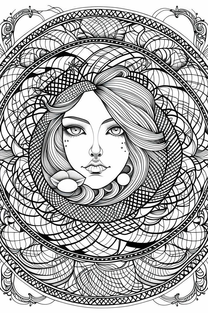 Mandala of the Yin Yang symbol merged with the Sri Yantra, rendered in black and white with clear lines for an adult coloring book, contour, vector, clean line art, against a white background