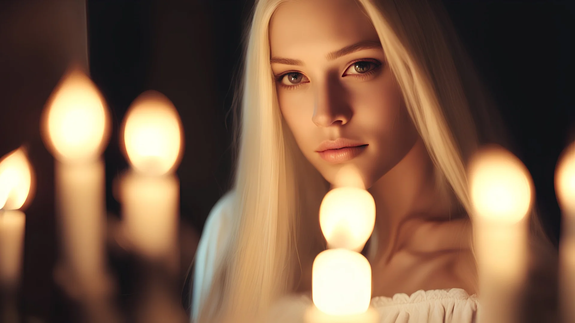 Closeup of a beautiful caucasian 17 year old girl with long platinum blonde hair. She is wearing a white nightgown. She is in a shadowy hallway lit by candles. Her face is well lit by candlelight. She is gazing at the viewer.