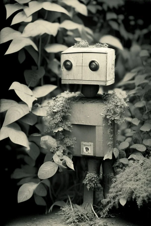 rollerflex photograph 1950s, dusty, robot made from toilet paper and infected with ivy, 4k, no