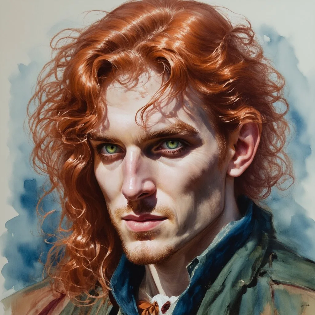 dnd, fantasy, watercolour, portrait, illustration in style of alfons mucha, male, face, green eyes, determined, happy, red hair, very long hair, radiating light, five o'clock shadow