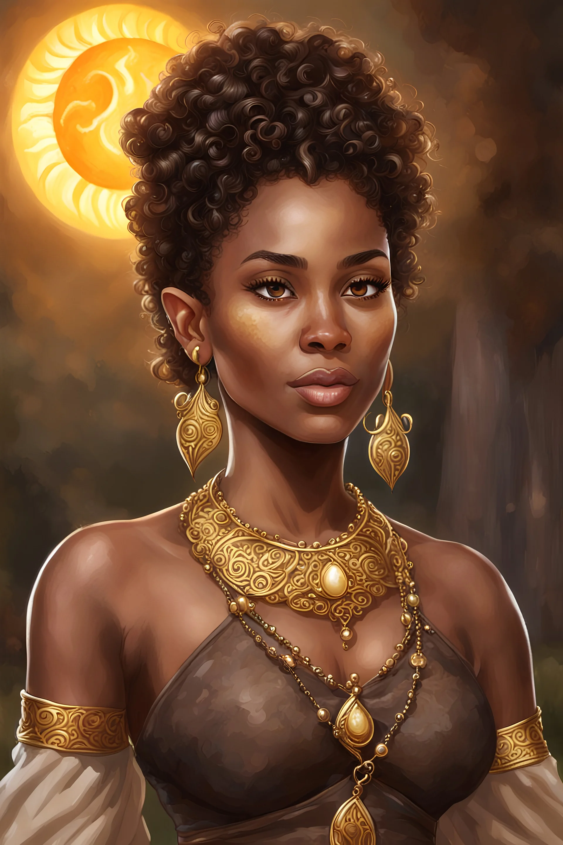 38 years old black woman, elf, brown color eyes, brown small puffy curly ponytail, wears ringmail, necklase with a symbol of sun, no earings
