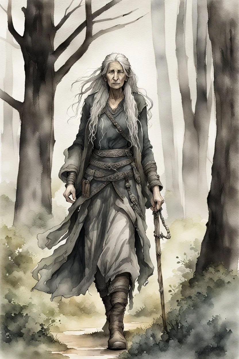 ink wash and watercolor illustration of an ancient grizzled, gnarled female vagabond wanderer, long, grey hair streaked with black, highly detailed facial features, sharp cheekbones. Her eyes are black. She wears weathered roughspun Celtic clothes, emaciated and tall, with pale skin, full body , thigh high leather boots within a forest of massive ancient oak trees in the comic book style of Bill Sienkiewicz and Jean Giraud Moebius , realistic dramatic natural lighting