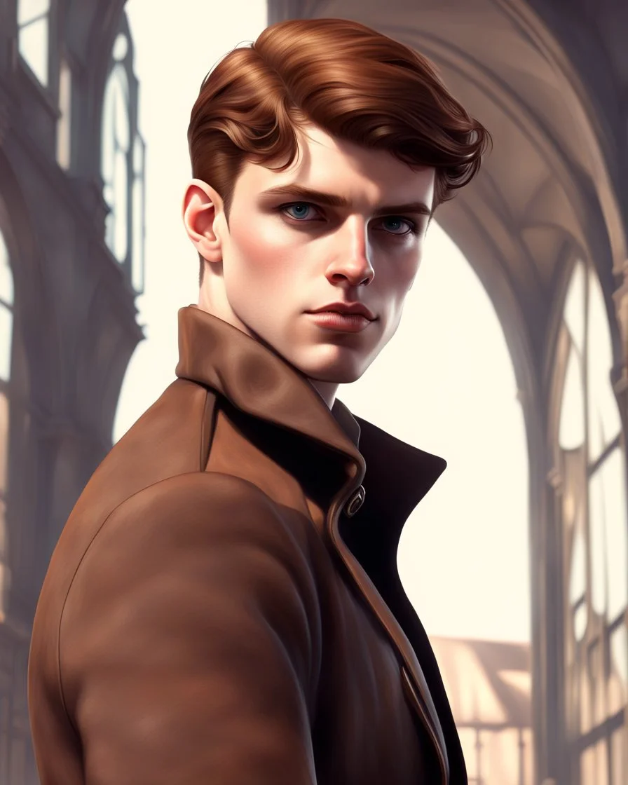 young noble swordman short brown hair photorealistic dieselpunk