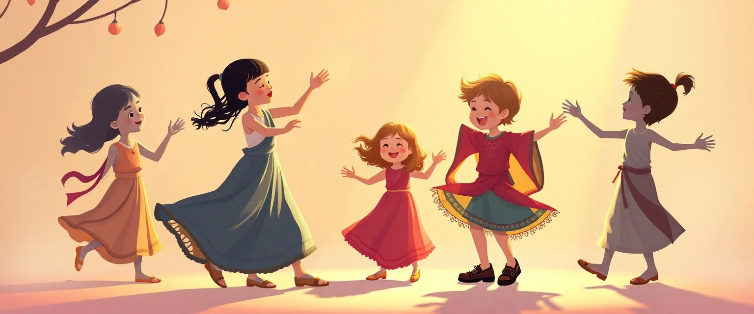illustration of children playing and dancing. fantastic lighting, chaabi children's book proportions, on a light background