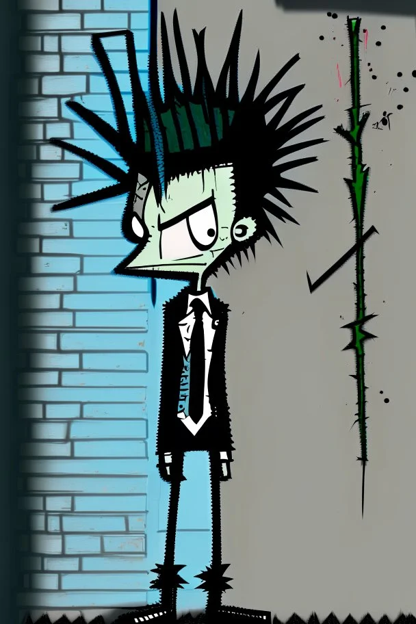 2d drawing of a stickman, cool with punk hair, x eyes like in hangman, smart suit, leaning against a wall,3d realistic in colour