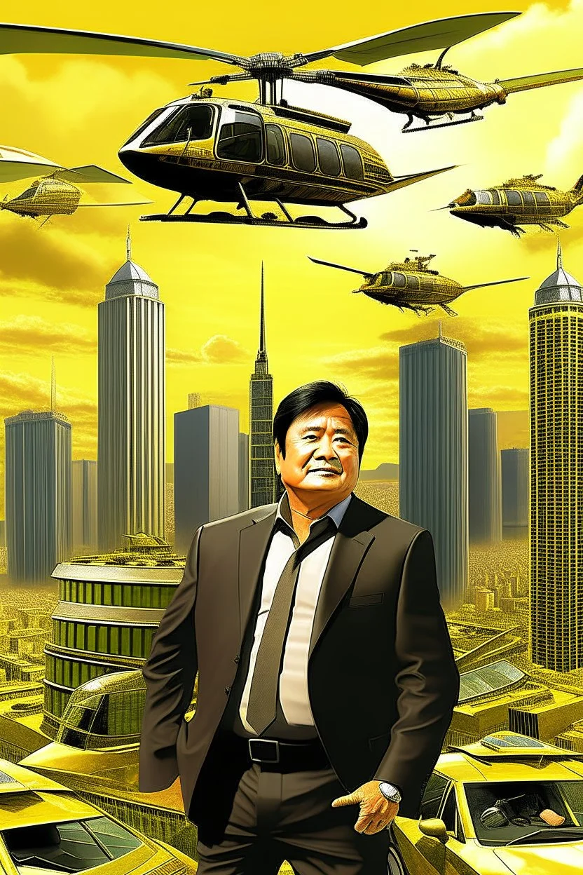 Robert Kiyosaki standing on golden skyskraper helicopters dropping money city burning in background STYLE OF HIROKU OGAI