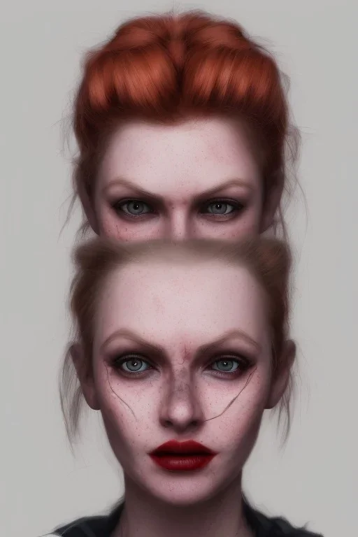 Woman, vampire, cute, beautiful, orange hair, two braids, wild bangs, blue eyes, big eyes, freckles, long eyelashes, pink lipstick, thin lips, small nose, Gillian from Practical Magic, 8k resolution concept art portrait by Greg Rutkowski