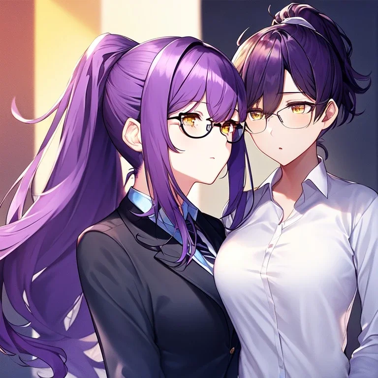 girl, masterpiece, best quality, volumetric lighting, dynamic pose, detailed outfit, perfect eyes, long hair, purple hair, vibrant golden eyes, office clothes, black glasses, messy hair, ponytail,