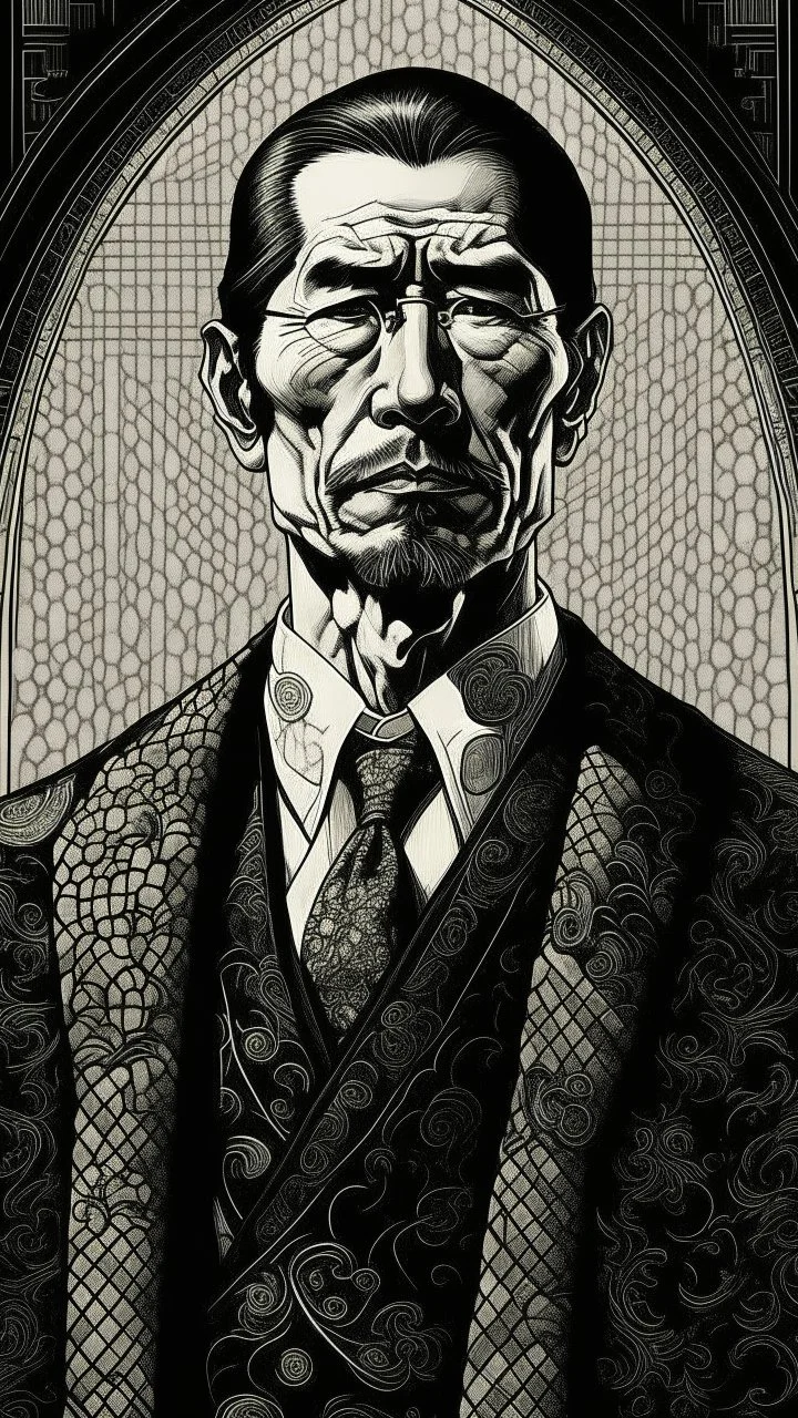 Asian Yakuza Member traditional Japanese Nihonga, black and white oil painting