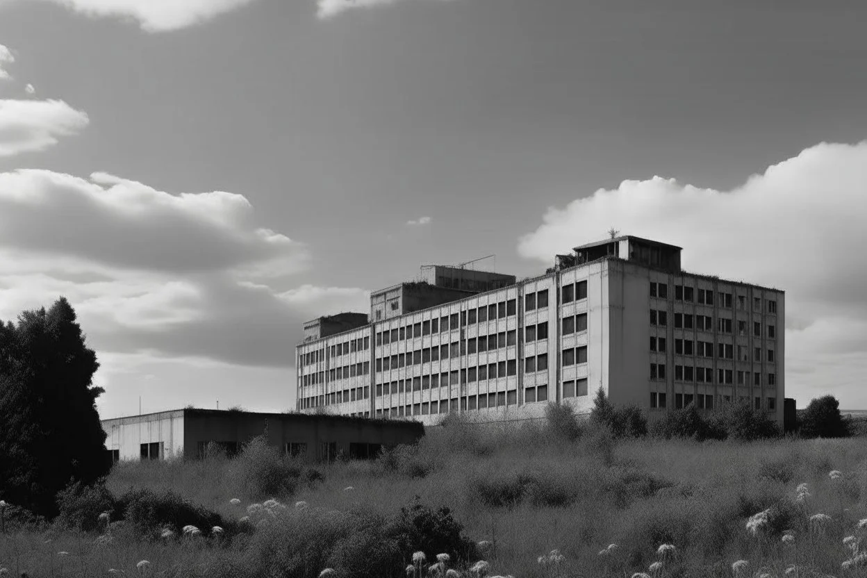 landscape ,minimal ,Photo with an old analog camera. Black and white. Part of a strange dream. white clouds wide plain The big building between them. like pink floyd pigs land scape from a weird dream captured with the first model of dreamrecorder by gnom industries inc