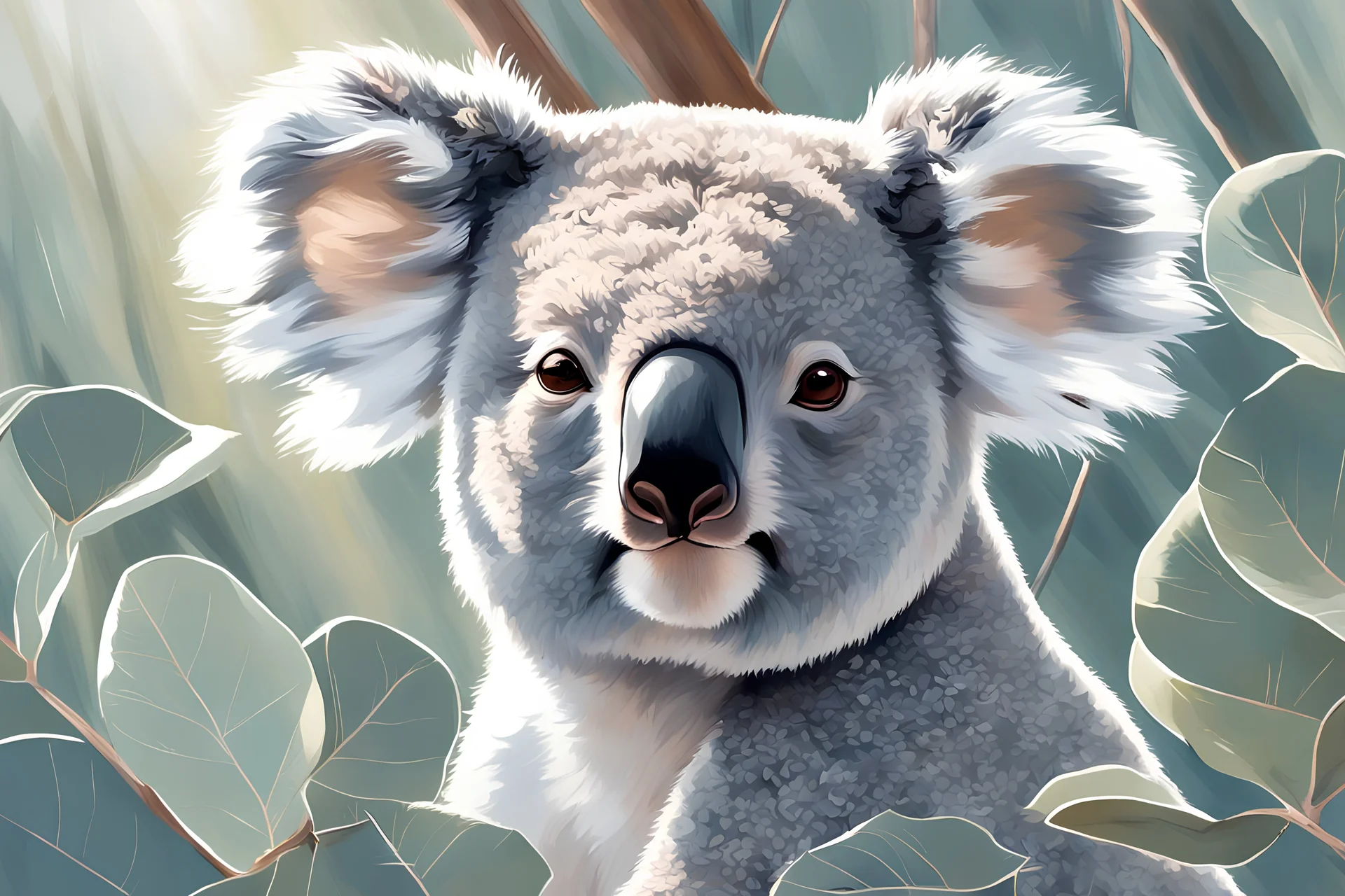 Earthly Koala, lush eucalyptus forest, gentle sunlight filtering through leaves, cuddly demeanor, detailed fur texture, Australian wildlife, realistic depiction, natural colors, soft shadows, by wildlife artists and nature photographers, artstation, serene atmosphere